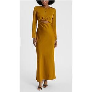 Express Gold Satin Long Sleeve Cutout Twist Maxi Dress Size M Party Holiday NYE